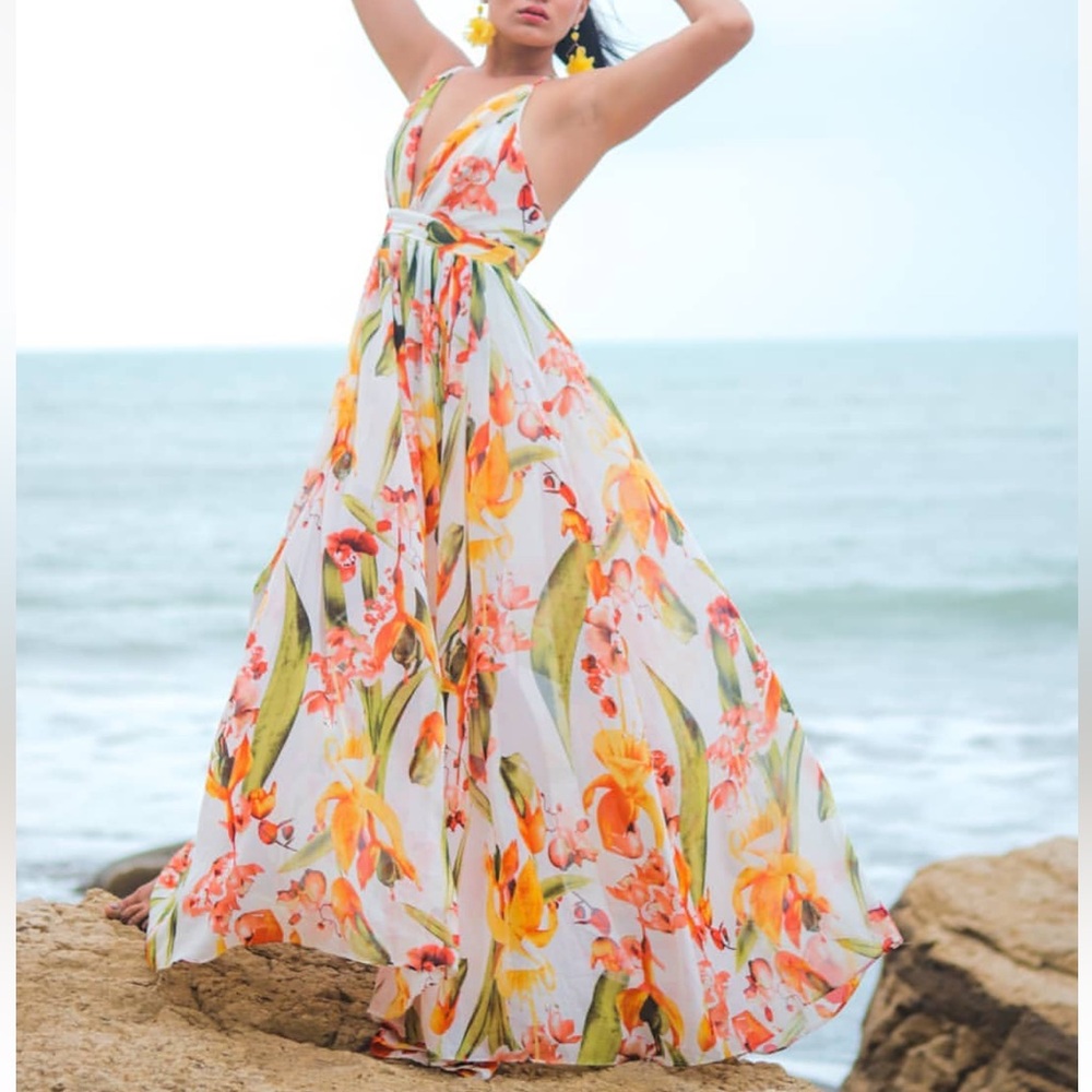 Glamazon floral boho V neck summer maxi dress size M